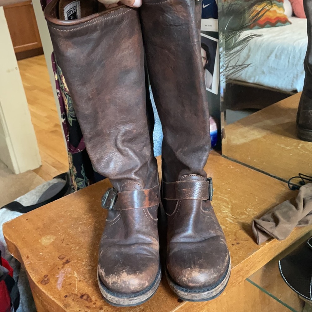 Frye Brown Leather Mid-Calf Combat Moto Boots - Picture 2 of 7